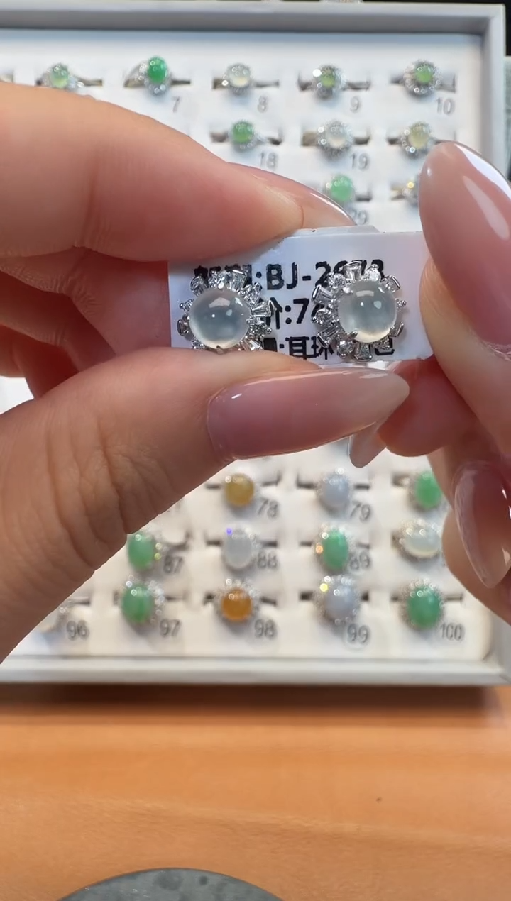 银S925镶嵌翡翠耳饰925银镶翡翠镶嵌