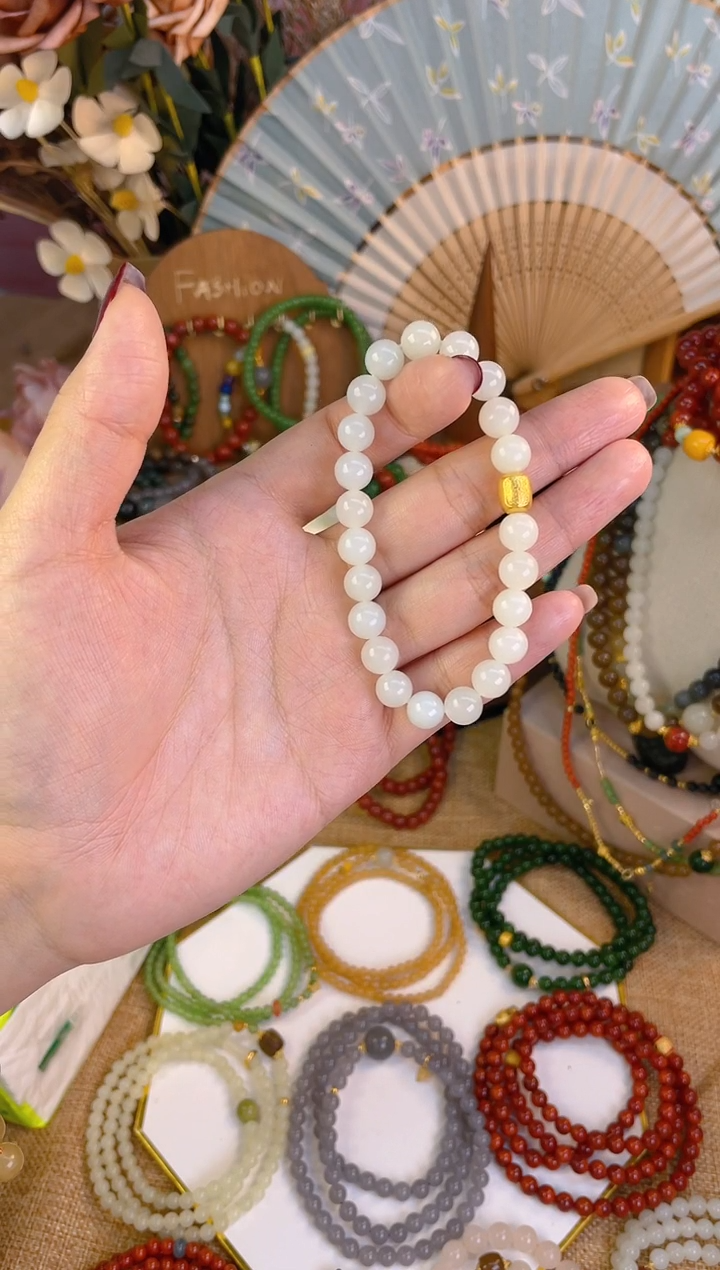 【闪购商品】和田玉手串18K金镶嵌白玉