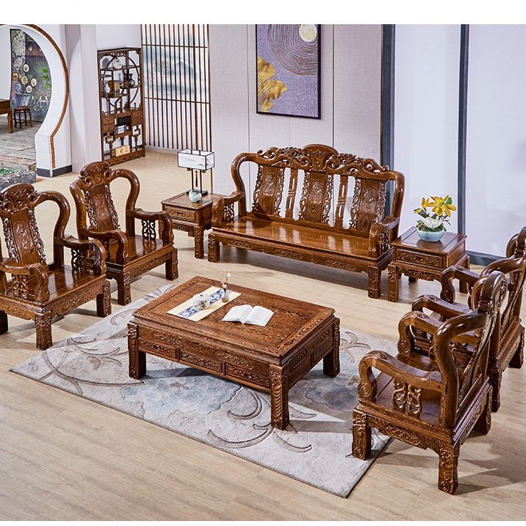 大锦绣沙发 鸡翅木大户型客厅家用古典新中式雕花沙发椅 红木家具