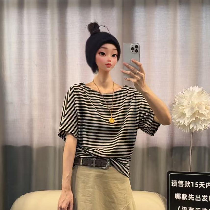 【文乐乐】夏季新款韩版高级气质显瘦时尚休闲潮流条纹T恤71656