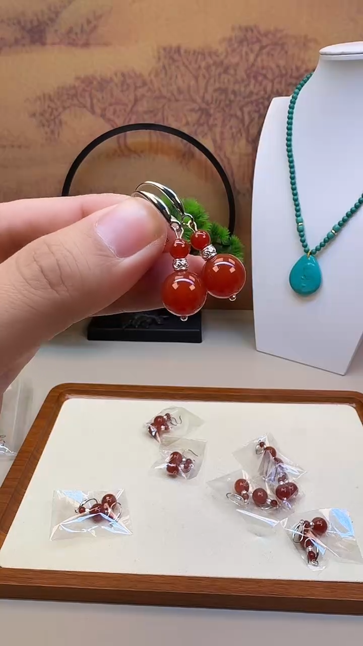 银S925镶嵌南红玛瑙耳饰E50 