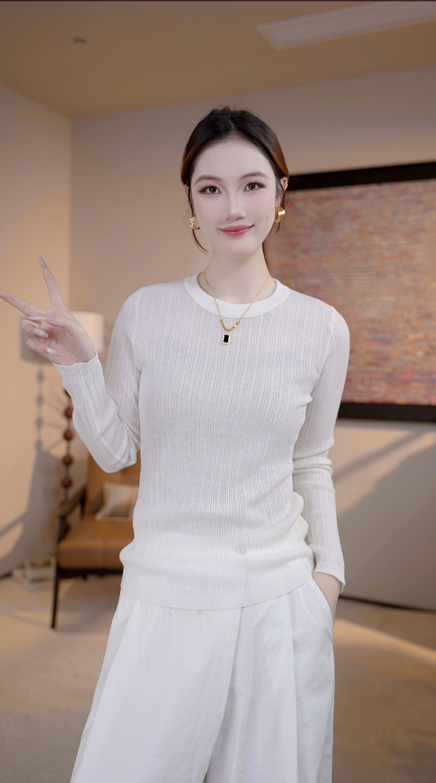 上衣百搭针织圆领毛针织衫毛衣长袖针织衫常规修身型
