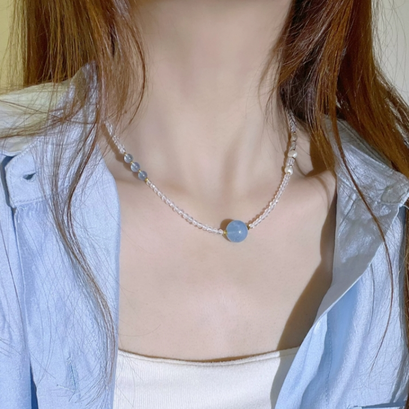海蓝宝项链女款小众轻奢珍珠白水晶高级锁骨链七夕礼多样性发一