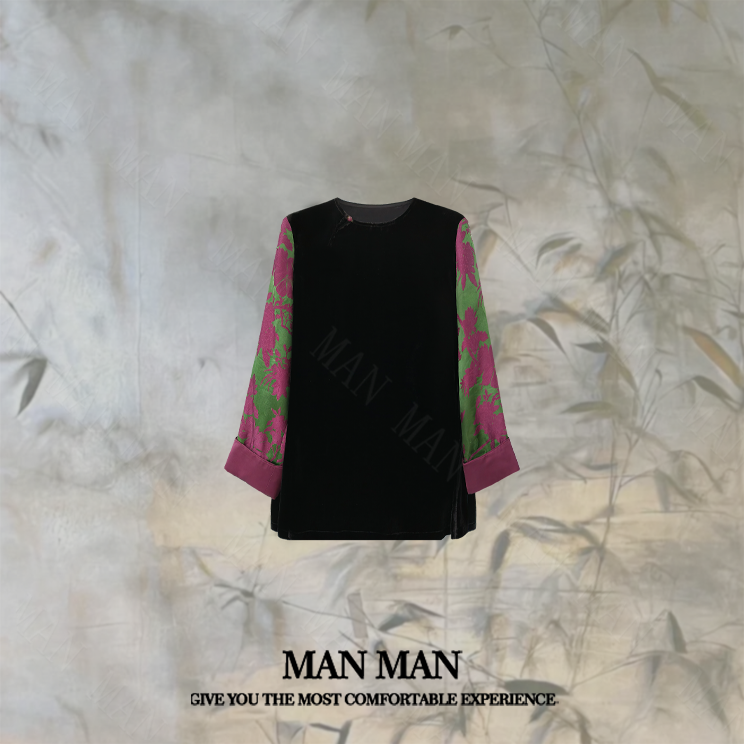 满满出品-『墨色繁花国风衫』25323气质时尚拼接百搭桑蚕丝