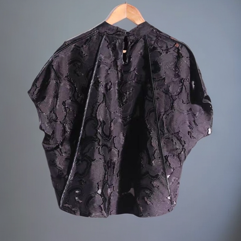 贵夫人29-宽松直襟中袖镂空提花立领上衣黑色时尚宽松夏季休闲