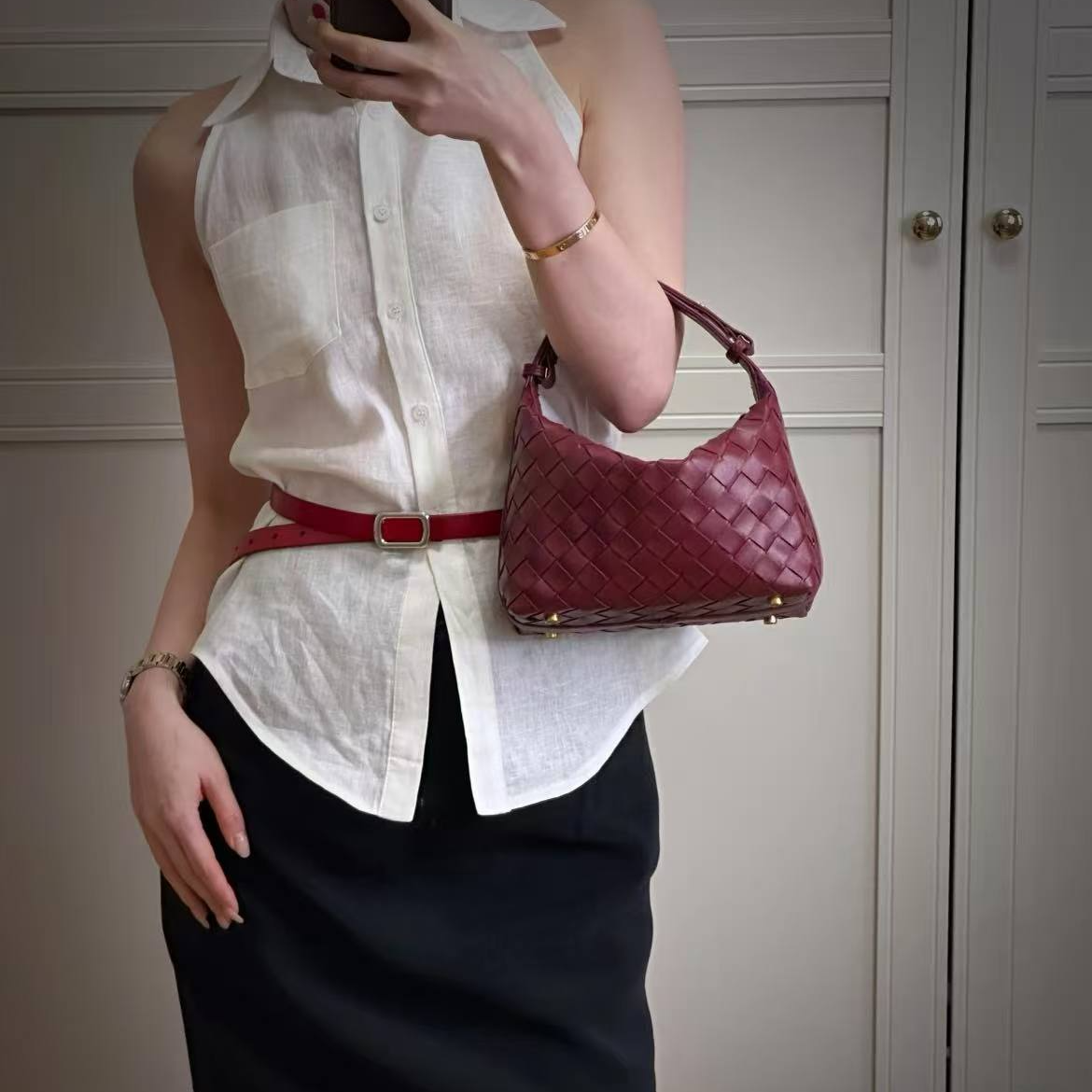 99新 BOTTEGA VENETA/葆蝶家 蔚蓝/沙比利红色编织饭盒包