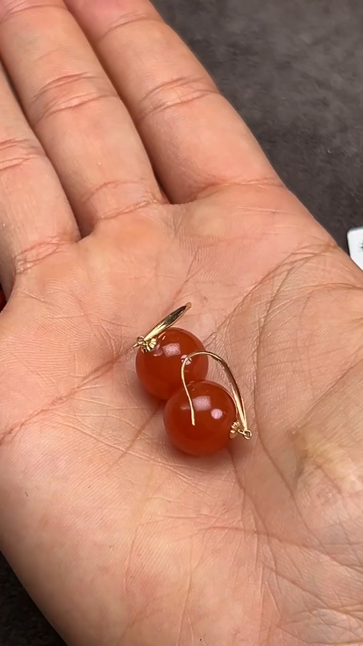 【闪购商品】南红玛瑙耳钩18K金镶嵌原矿无优化洞子料12mm耳钩一对