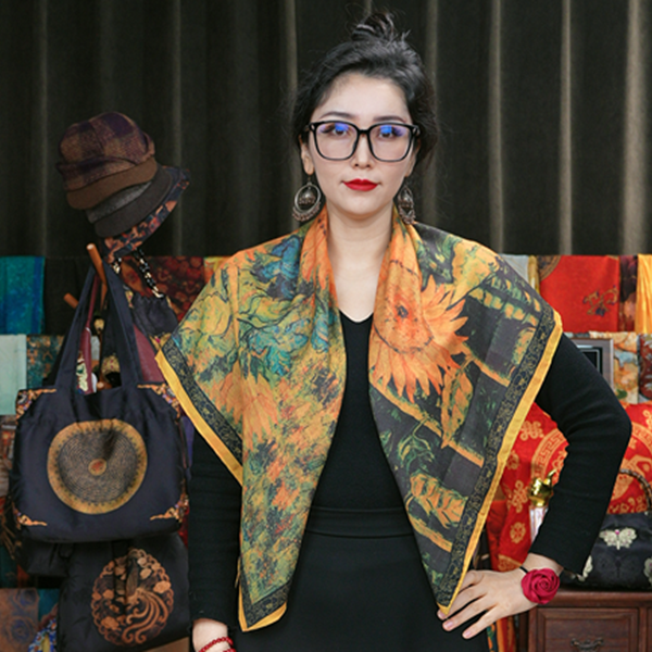 【90丝毛  鎏金向日葵】丝巾围巾高级披肩送礼复古国风双面9月