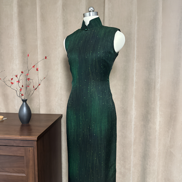 肆时花「翠点芳华」香云纱古法全开襟有省手工旗袍-5-135