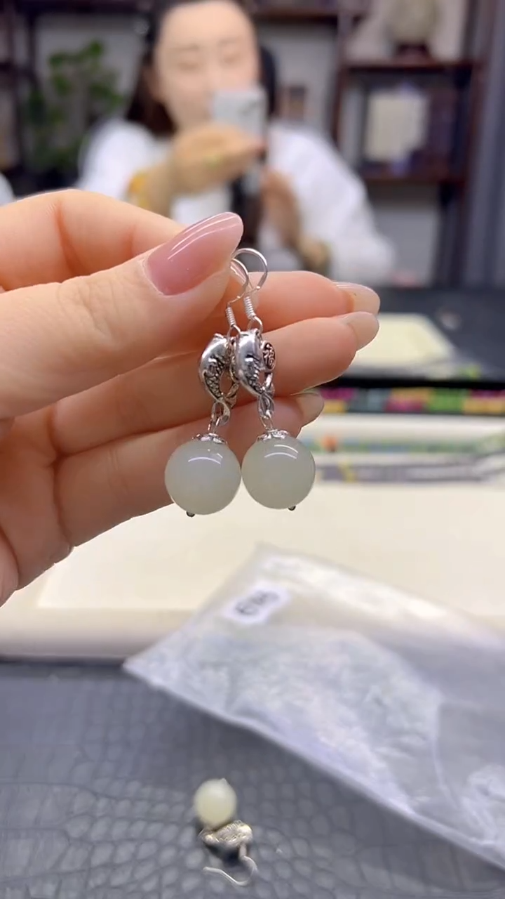 银S925镶嵌和田玉耳饰DIY款E783