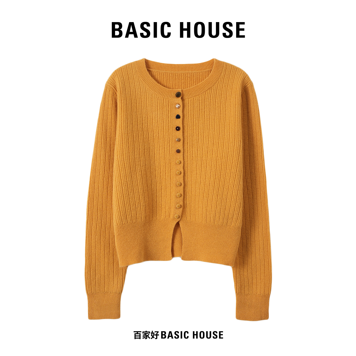 Basic House/百家好2025年秋单排彩扣圆领显瘦韩版针织衫P272 MM