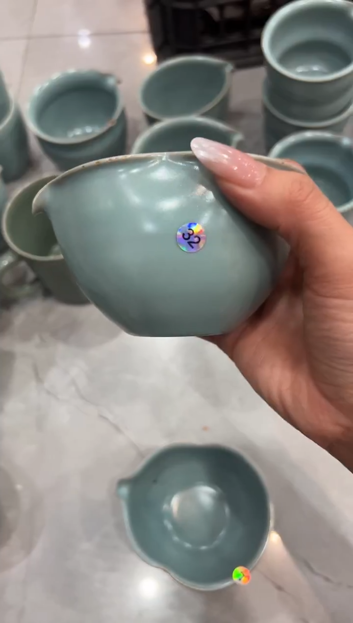 瓷片仿古天青手工葫芦公道杯大瑕32