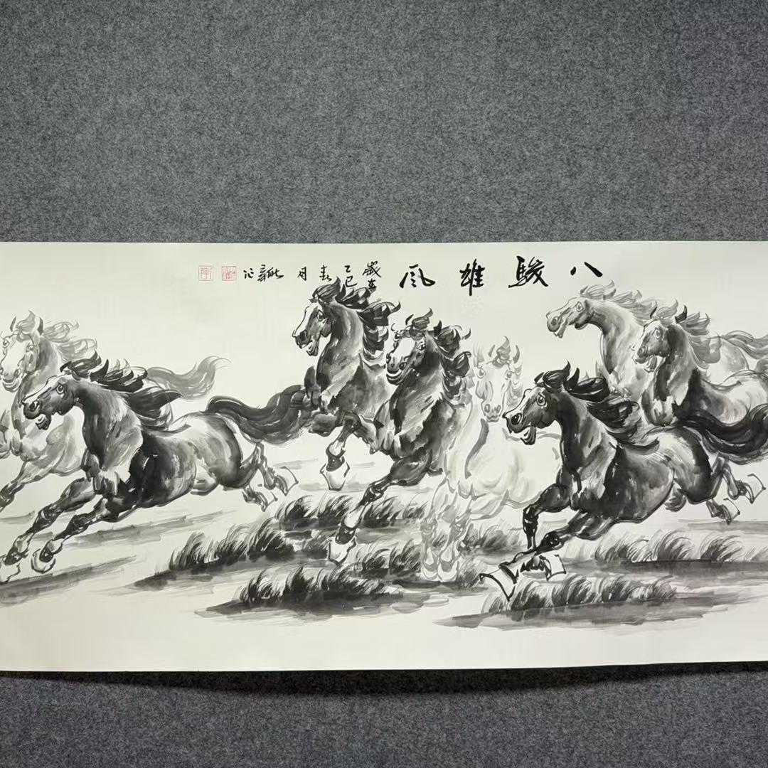 L六尺八骏雄风水墨画