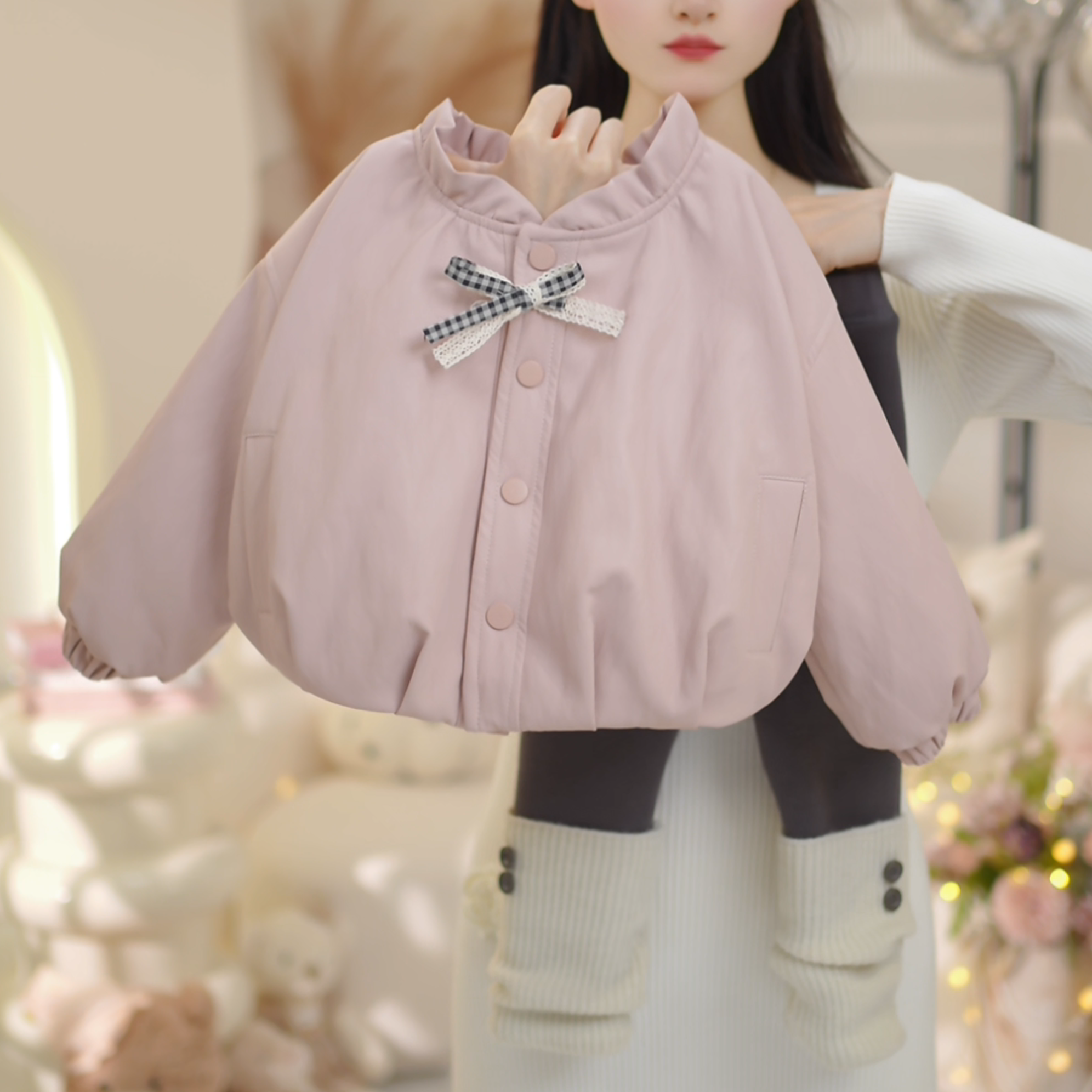 女童2025冬季新款蜜桃粉加毛加厚外套+加绒打底裤两件套C23998