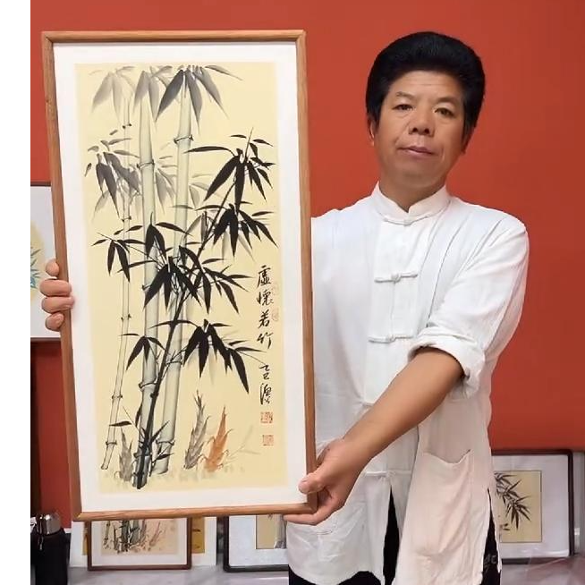 张富民作品/虚怀若竹（乌檀木实木框）（新版）/36*70cm左右