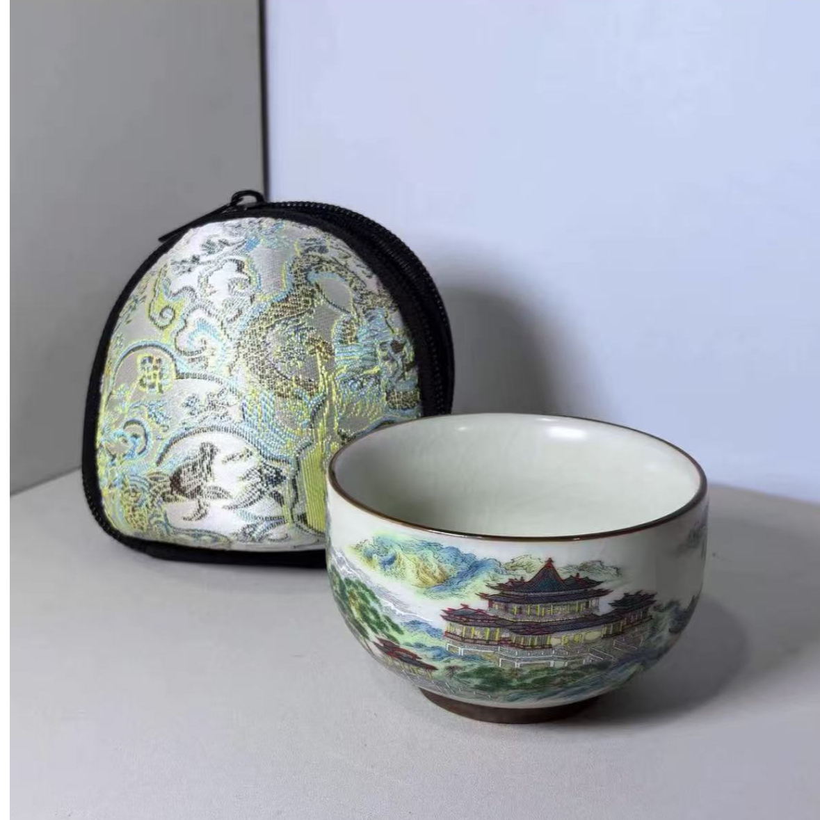 仙山楼阁陶瓷主人杯加苏绣包手绘1301