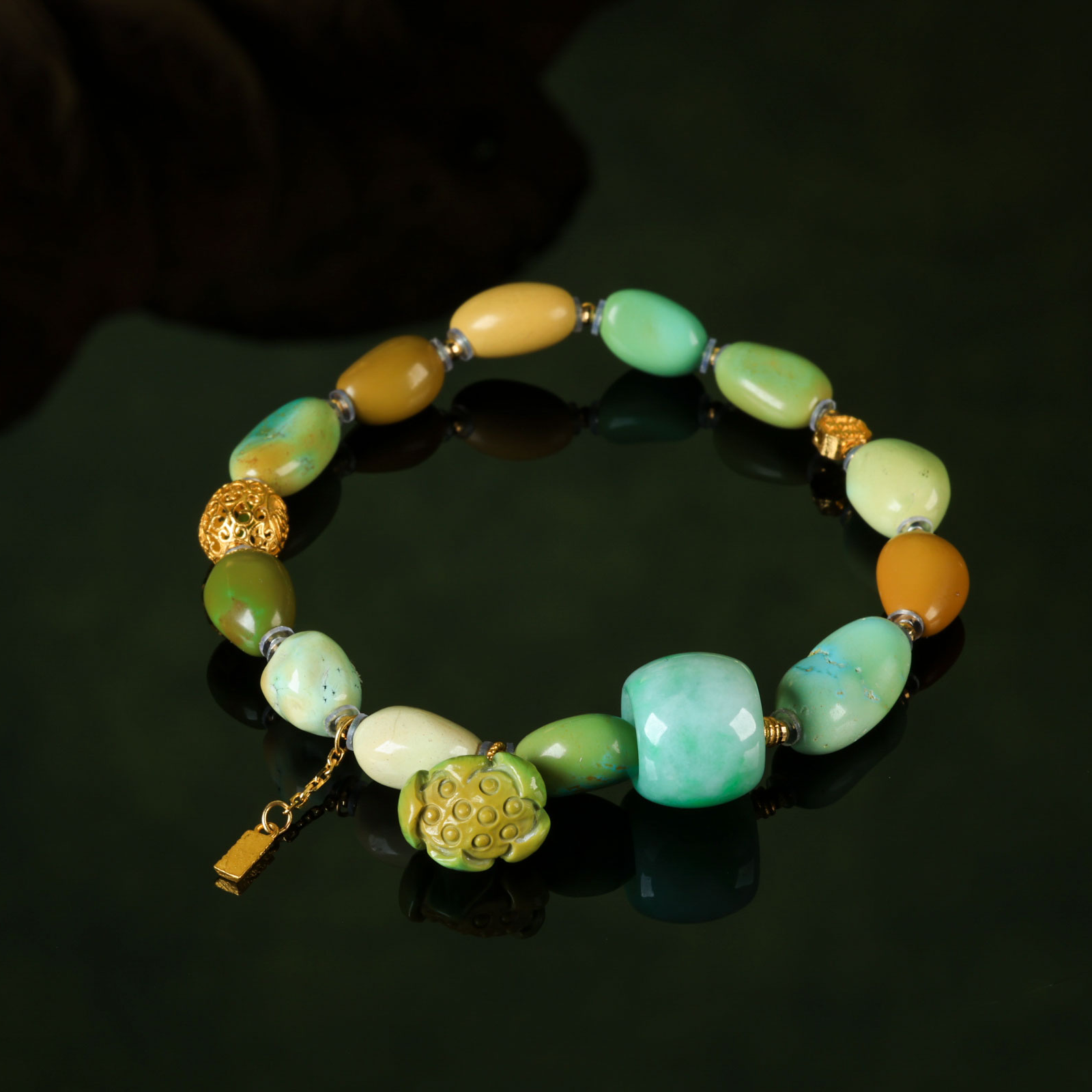 【意婵】《漾秋》18K金天然原矿绿松石单圈手串翡翠-917264