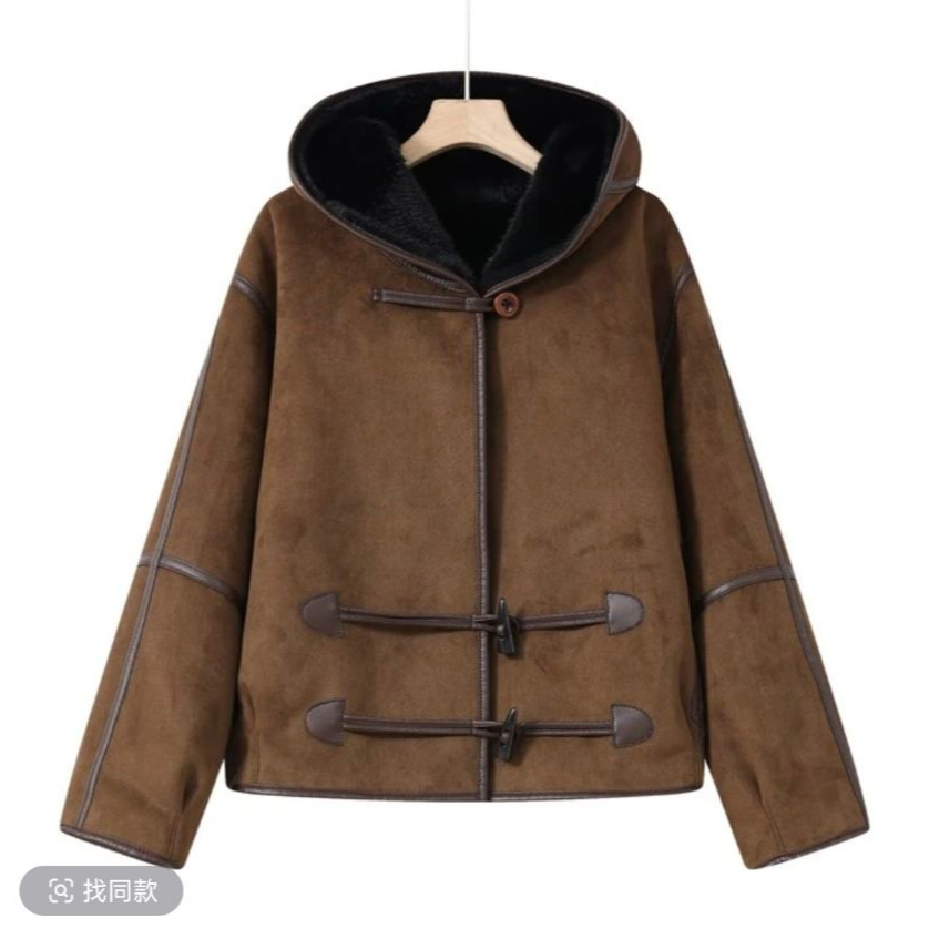 冬季新款鹿皮绒皮毛一体保暖棉外套羊羔毛加绒加厚时尚连帽棉服