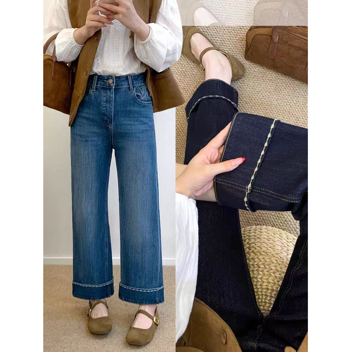 【现货加运费险】大码弹力宽松阔腿牛仔裤女胖mm秋冬高腰直筒裤7317