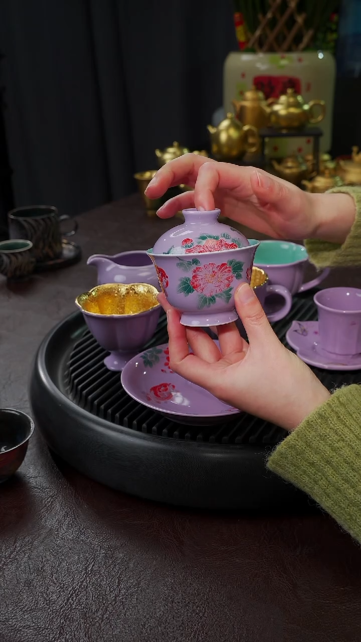 【闪购商品】杯【宜景窑烟幕紫】手绘盖碗
