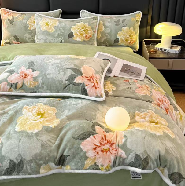 绿色国风牡丹石墨烯一体被子180*200