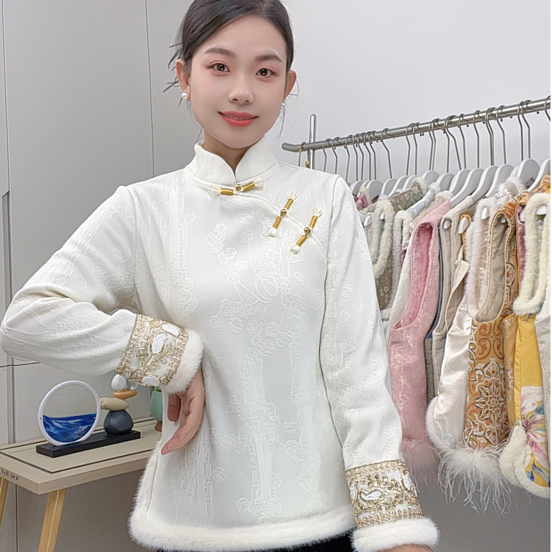 [超越]新中式国风斜襟加厚打底衫加绒复古气质洋气提花保暖女上衣
