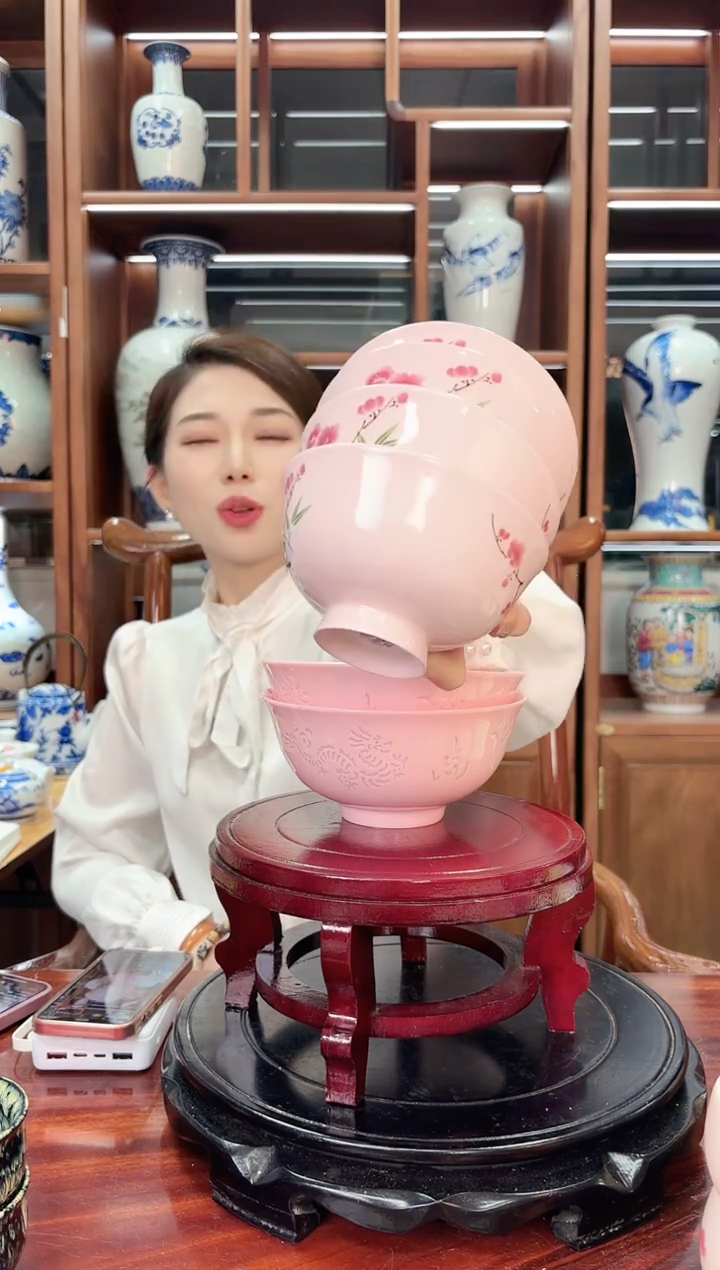 A47景德镇红稀稀翠竹红梅饭碗四只