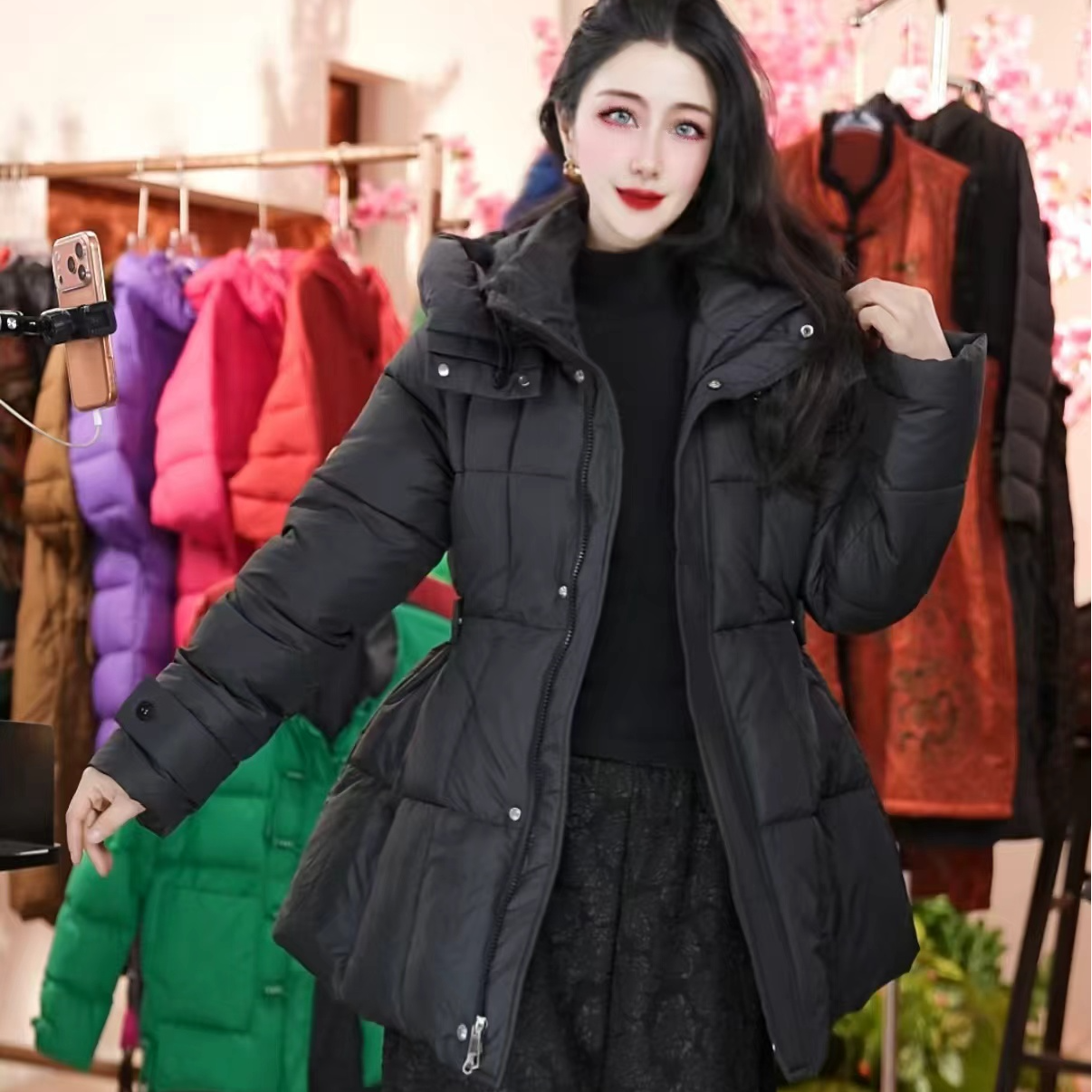 【带防风袖】2025新款棉服女中长款黑色显瘦收腰加厚小个子外套潮