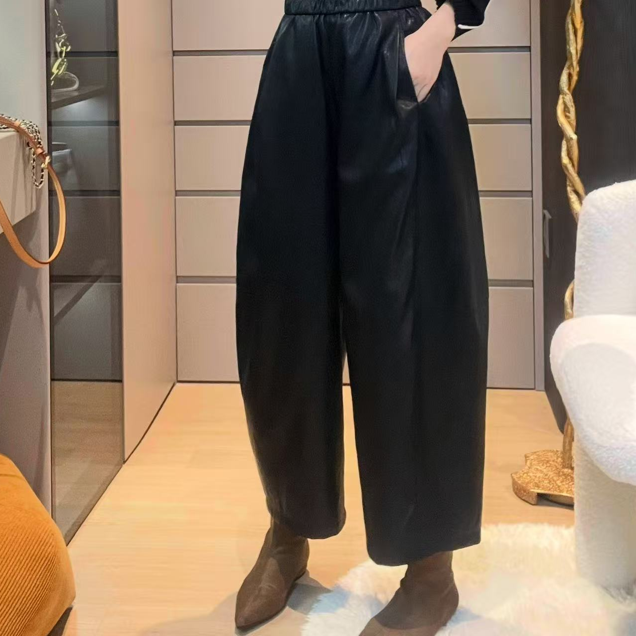 ZM25年新款秋冬九分松紧腰弯刀休闲时尚显瘦皮裤7760