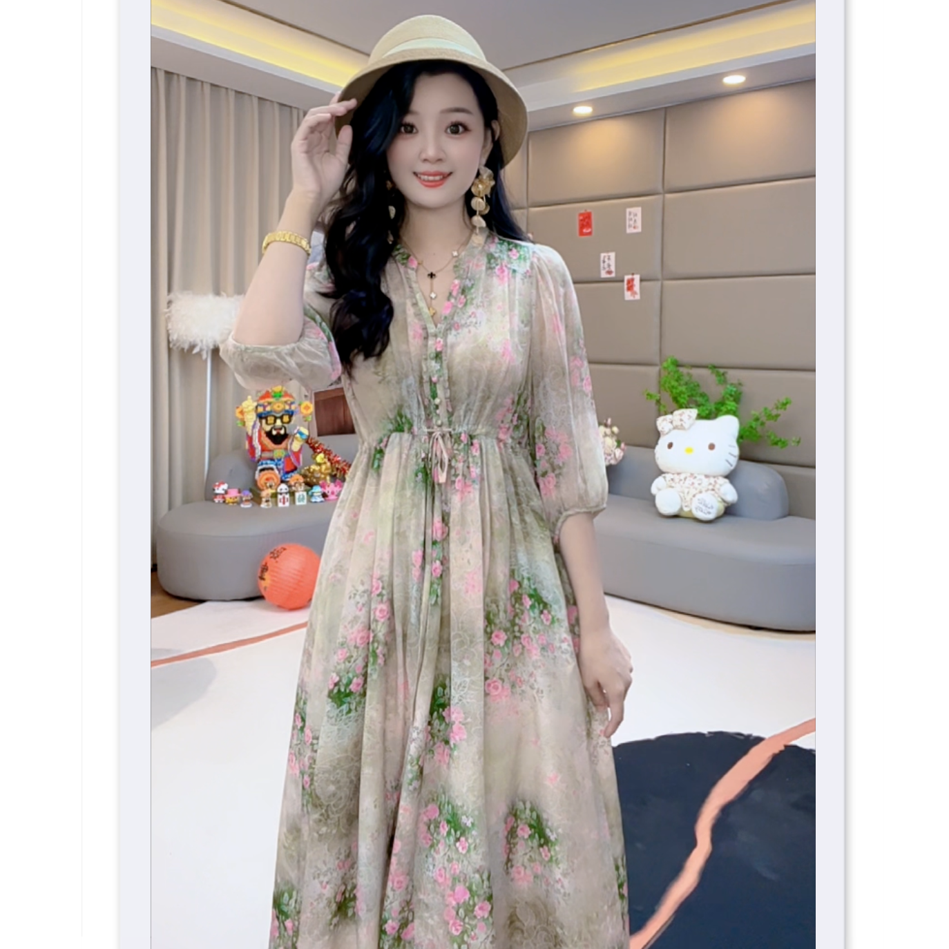 《暖暖推荐》“初夏海棠”V领轻奢风显瘦时尚印花桑蚕丝连衣裙 80053