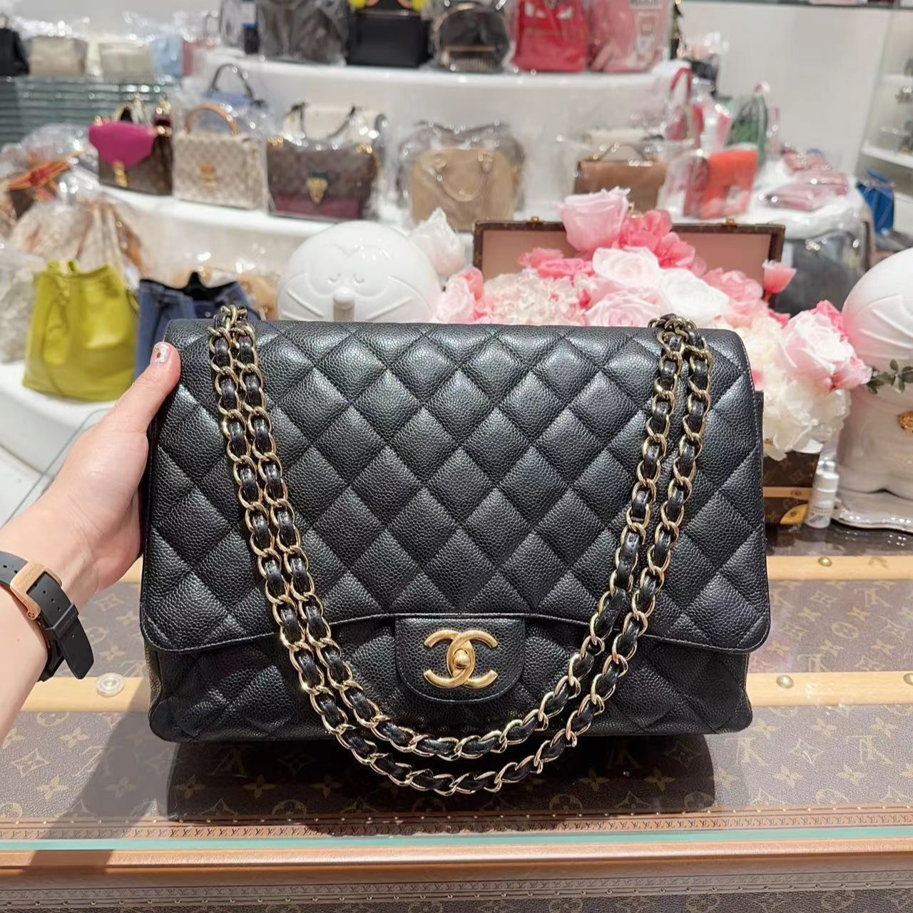 95新 Chanel/香奈儿 单肩包maxi牛皮双盖 黑色经典