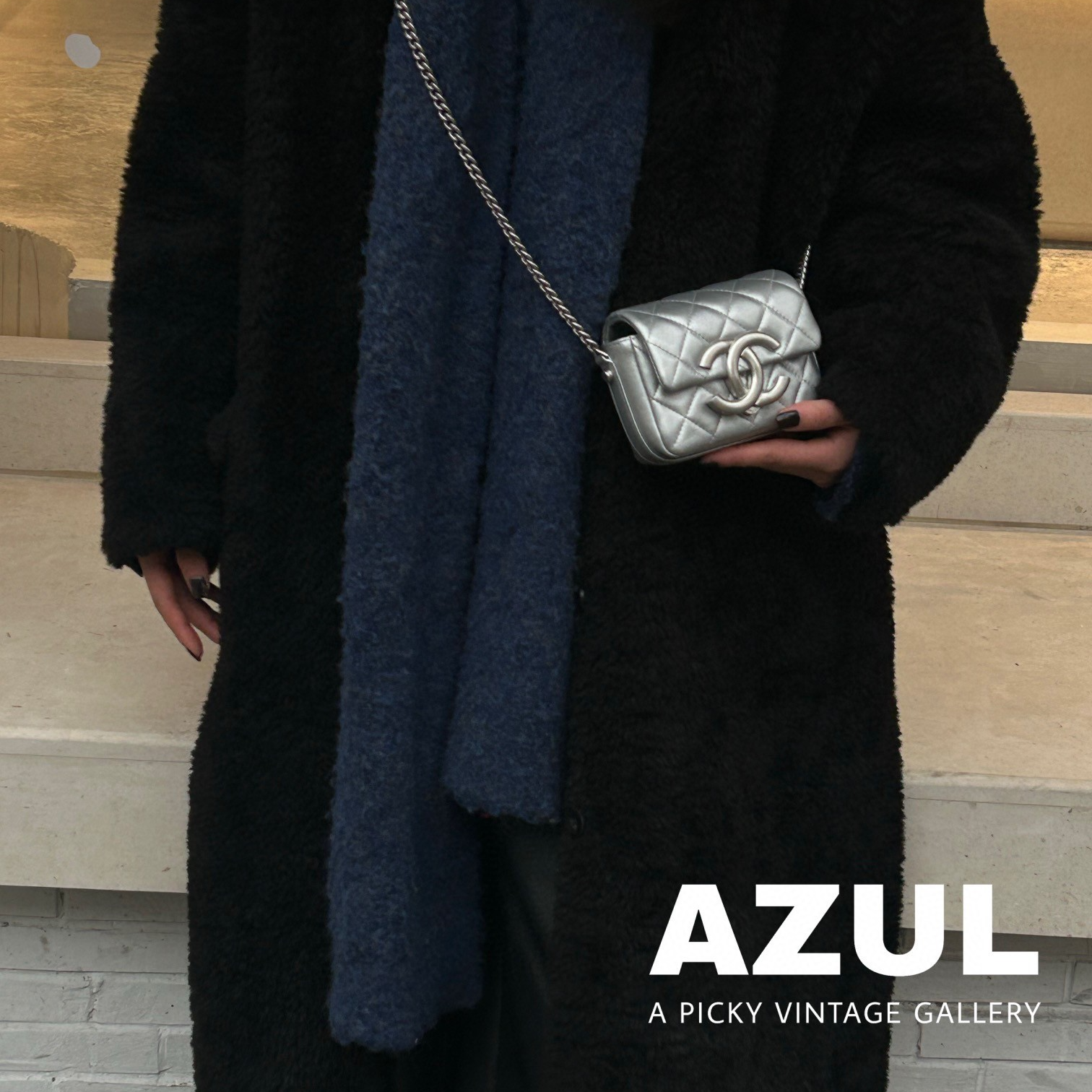 95新 Chanel/香奈儿 Azul-23P银色羊皮双C大logo mini链条包39193