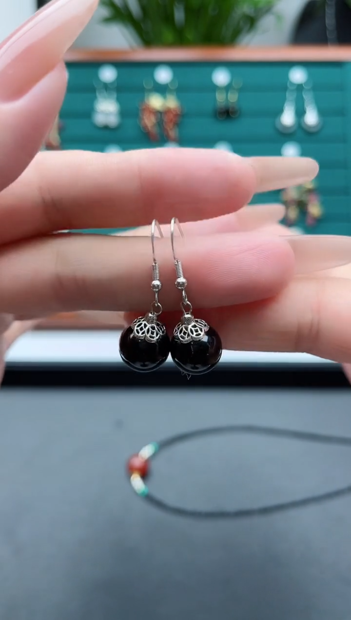 【闪购商品】黑曜岩耳饰银S925镶嵌1101黑曜石