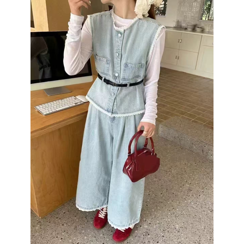 X14A33-XH蓝色蕾丝拼接牛仔马甲背心九分阔腿裤时尚四件套装