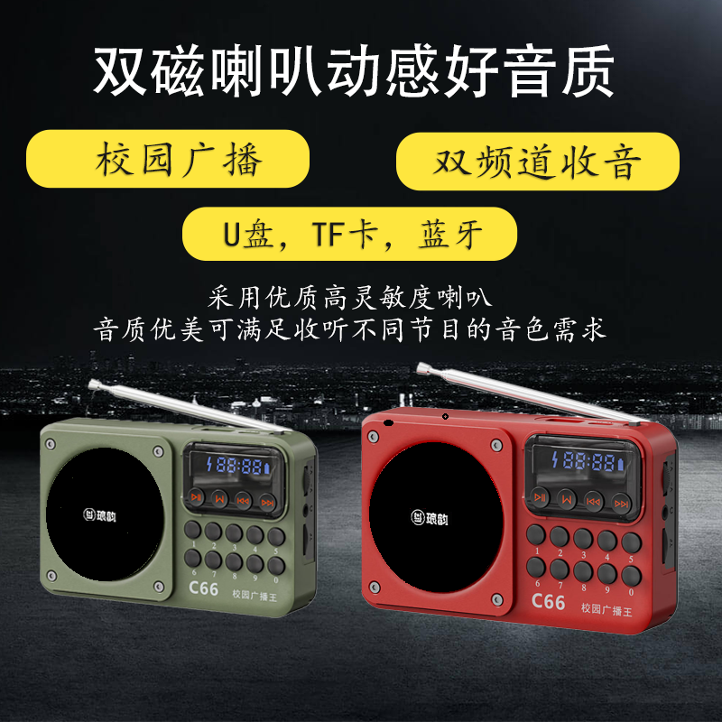 琅韵C66双频段FM校园广播充电款收音机金属栏杆天线 插卡插优盘