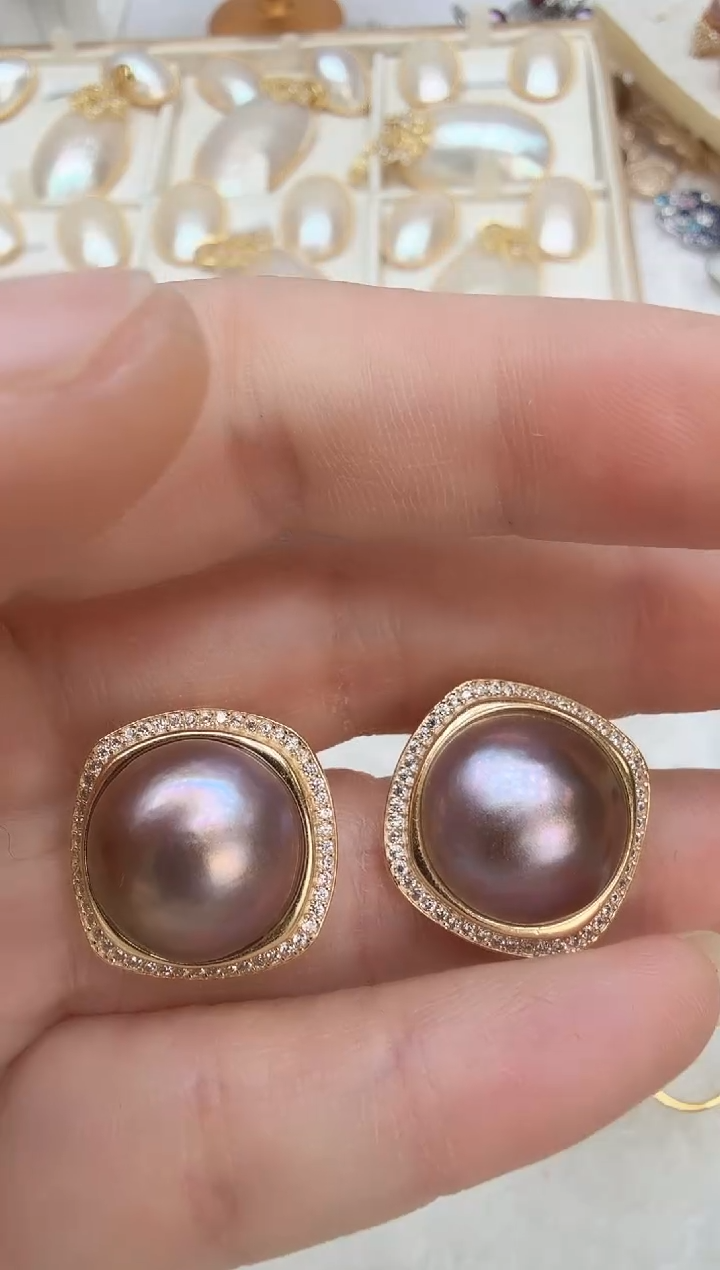 耳饰拼合珍珠（马贝珠）未镶嵌四方洒金色