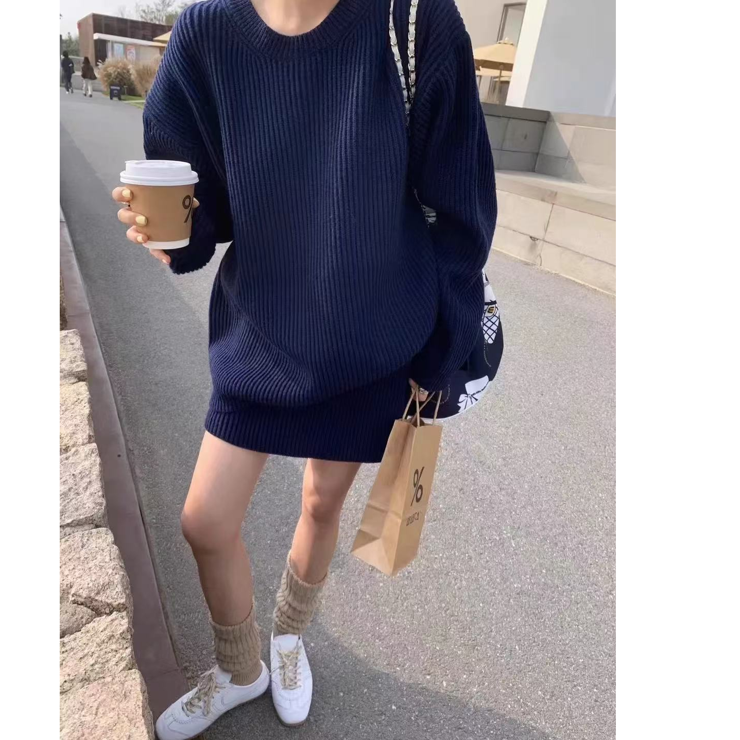 一整套穿搭时尚针织套头加厚外穿圆领毛衣+短裙时尚套装秋冬小众