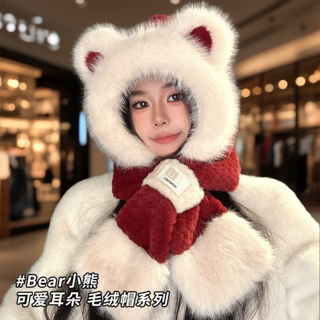 女款2025网红款可爱小熊耳朵毛绒帽女秋冬帽子围脖一体保暖加厚