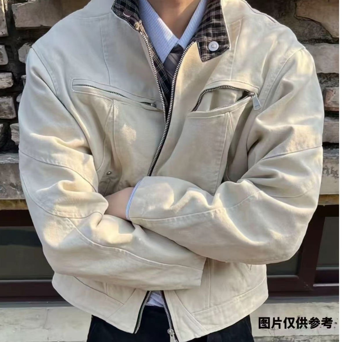 水洗拼接长袖立领直下摆厚款休闲（图片仅供参考非直播间随机发货）