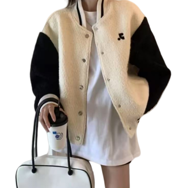 2025新款宽松休闲拼接皮袖立领棒球服-916