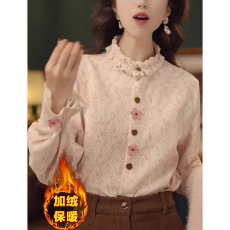 复古设计感木耳边花朵纽扣立领厚款衬衫女2025冬新款显瘦减龄上衣
