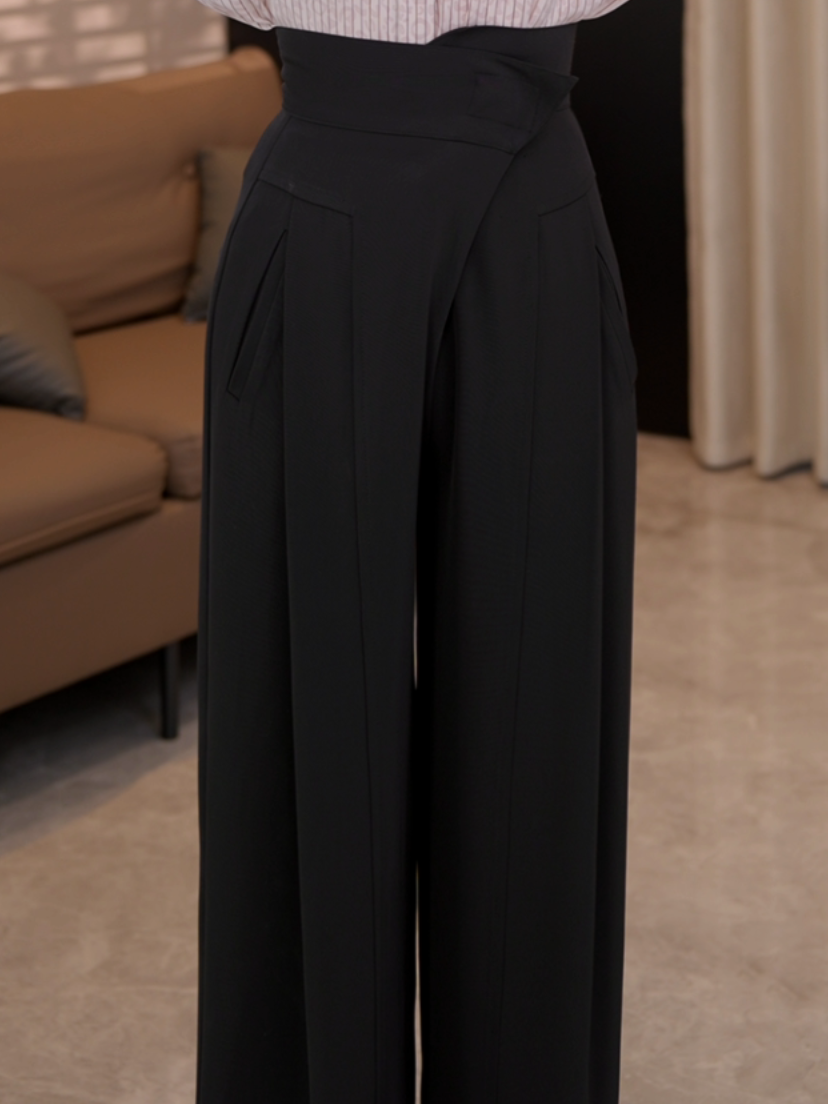 2025年夏季黑色魔术贴阔腿裤子季薄高腰显瘦休闲直筒拖地西装裤