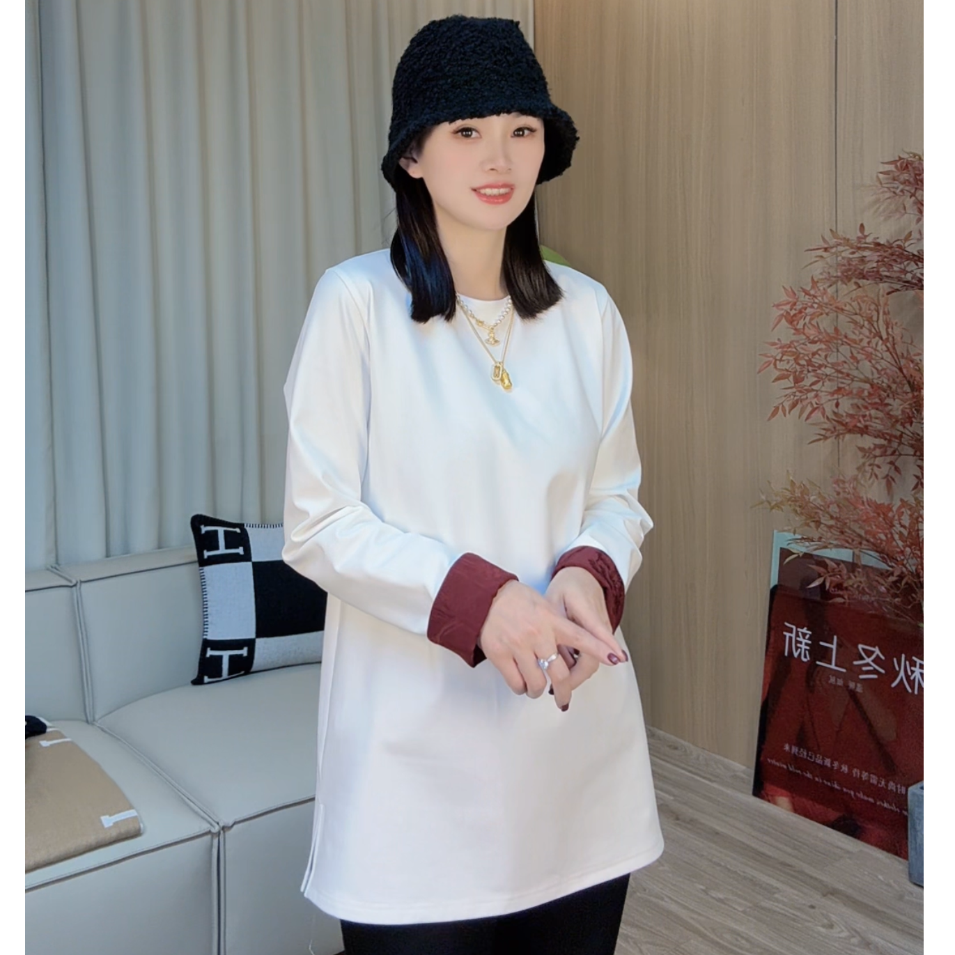 【高端定制 & 原创设计】秋冬薄绒袖口撞色时尚百搭T4561