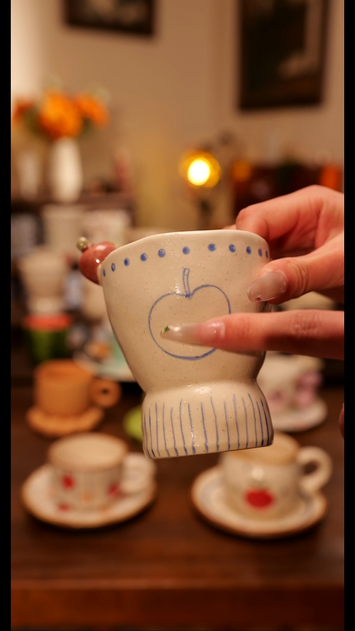 陶瓷便携款粗陶磨砂小苹果手作   手绘釉下彩