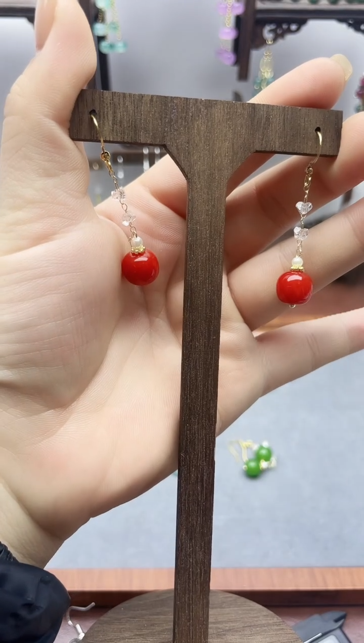 银S925镶嵌南红玛瑙耳饰南红桶珠