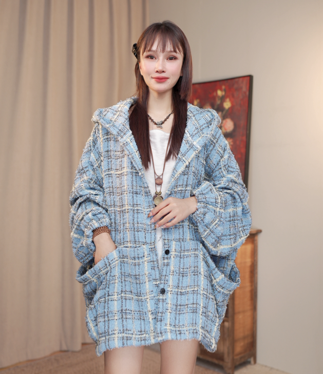 【木森】【摇情】秋款孔雀蓝编制连帽四兜女款上衣外套S133