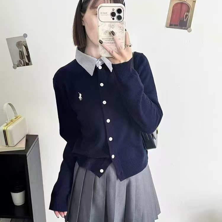 翻领针织条纹刺绣小马女毛针织衫毛衣蓝色长袖学院风