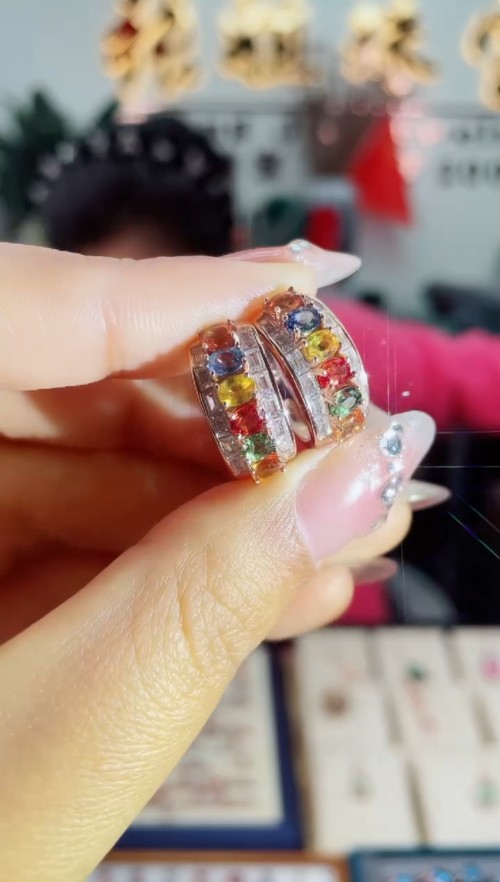 【闪购商品】彩色蓝宝石耳饰银S925镶嵌耳饰