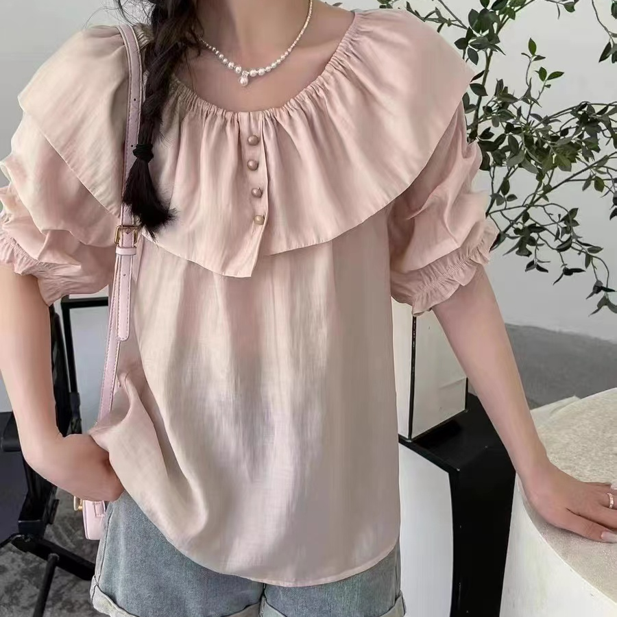 C357粉珍珠荷叶领衬衫6625