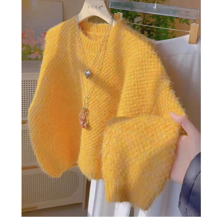 2026圆领洋气菠萝纹短款毛衣秋冬季新款宽松慵懒风软糯外穿针织衫